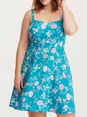 TORRID 2 Plus Size Floral Print Challis Tank Dress Turquoise Teal Blue Feminine